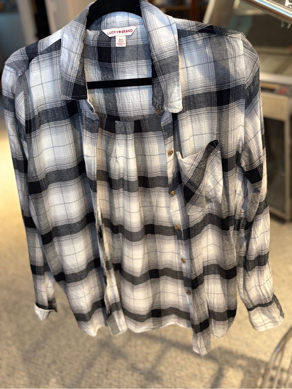 Lucky Brand Long Sleeve Button-Up Shirt with Pocket in Black and White Plaid - Picture 2 of 3